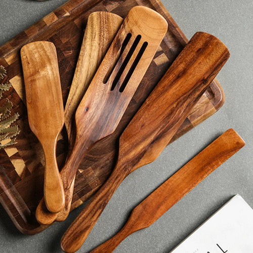 1-5pcs Slotted Spurtle Spatula Sets for Stirring  Natural Teak Kitchen Utensil Set Heat Resistant Non Stick Wood Cookware