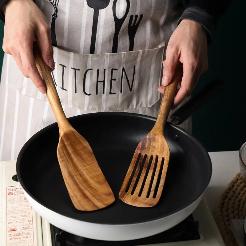 1-5pcs Slotted Spurtle Spatula Sets for Stirring  Natural Teak Kitchen Utensil Set Heat Resistant Non Stick Wood Cookware