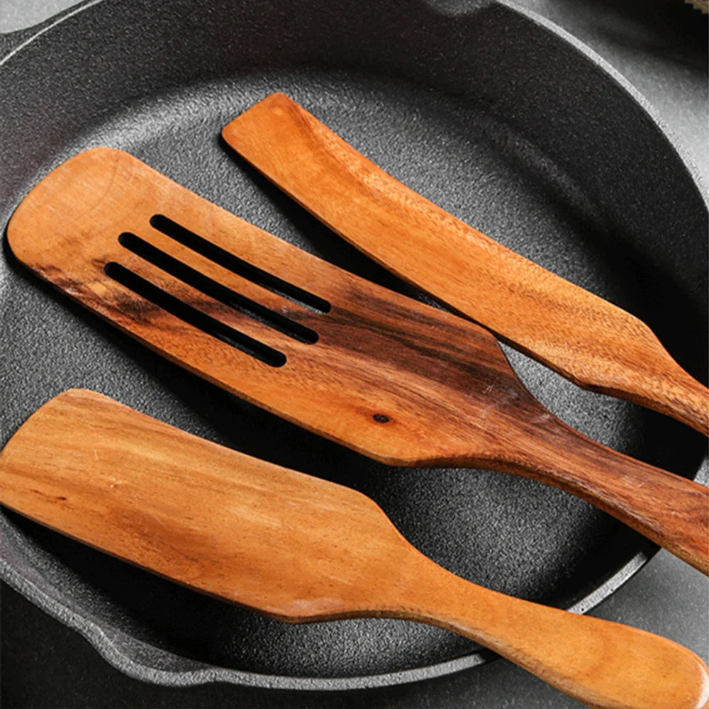 1-5pcs Slotted Spurtle Spatula Sets for Stirring  Natural Teak Kitchen Utensil Set Heat Resistant Non Stick Wood Cookware