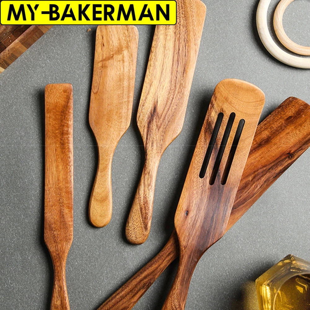 1-5pcs Slotted Spurtle Spatula Sets for Stirring  Natural Teak Kitchen Utensil Set Heat Resistant Non Stick Wood Cookware