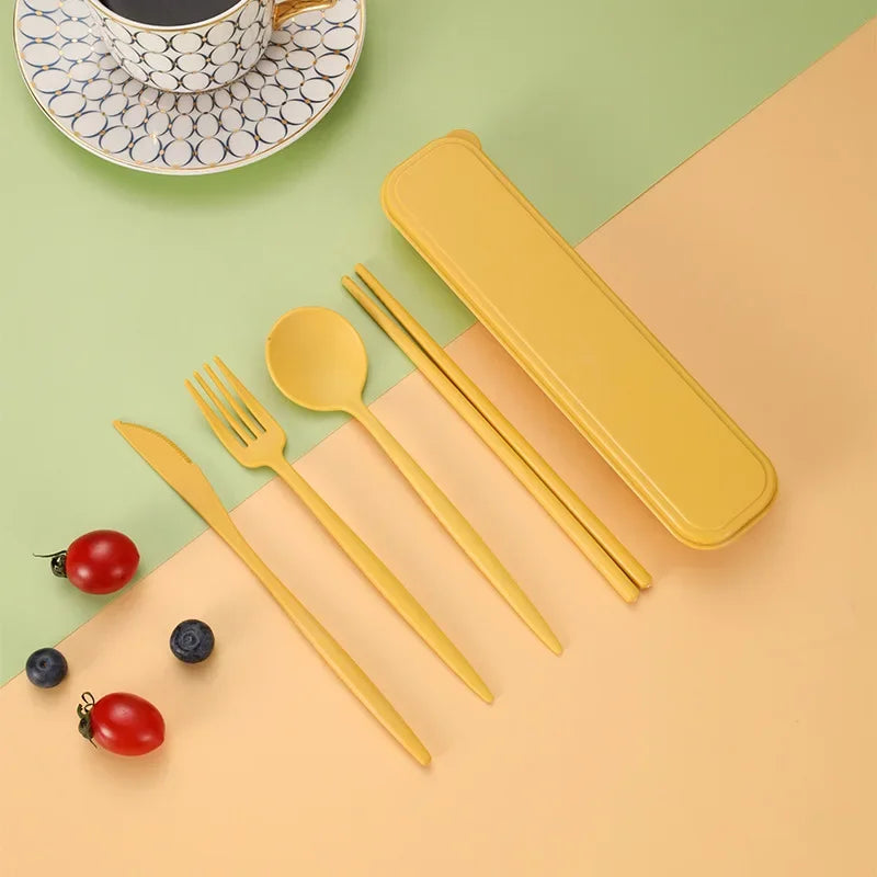 4-piece Portable Utensils, Healthy Eco-Friendly Wheat Straw Cutlery, Reusable Chopstick Fork Knife Spoon Set
