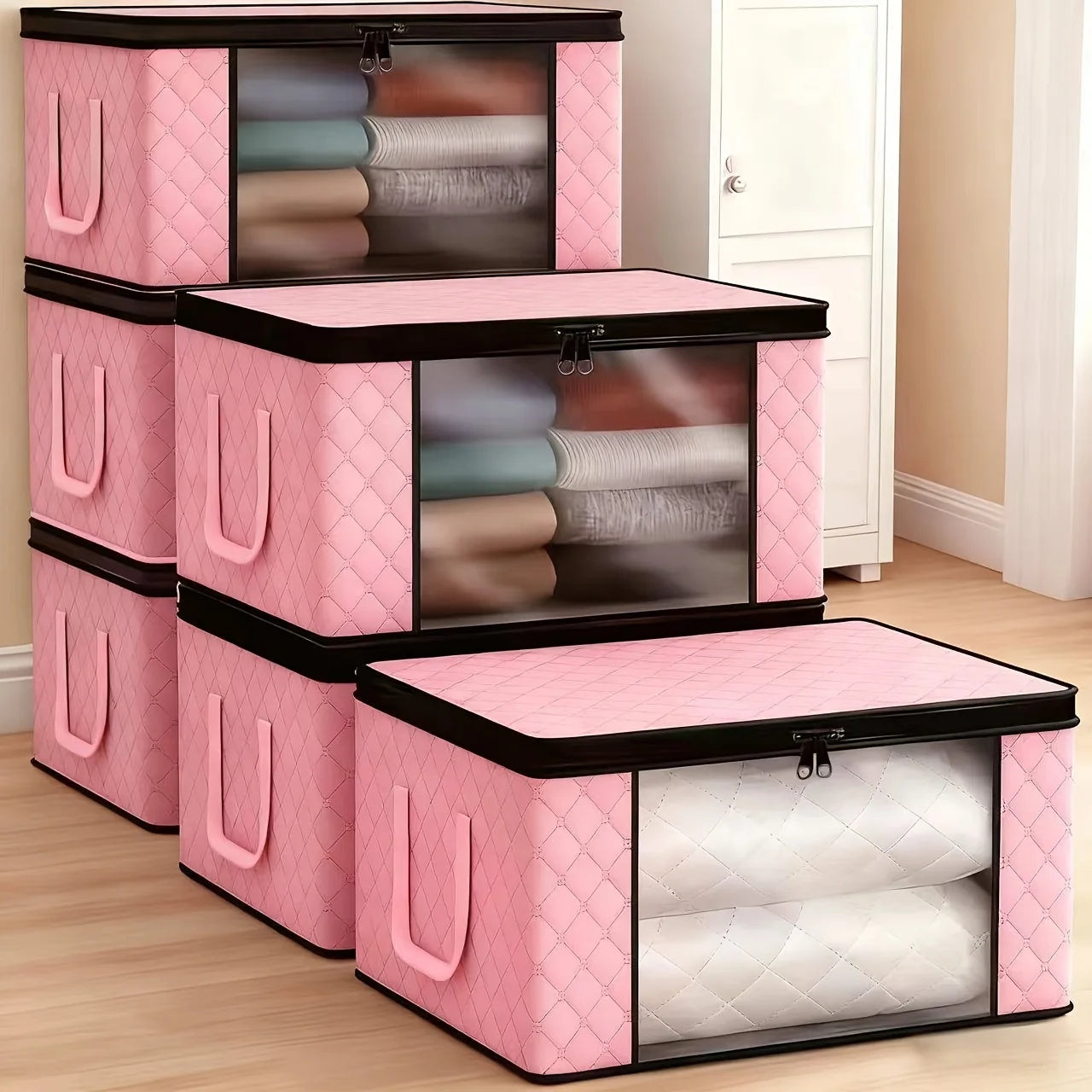 6 Large Foldable Storage Boxes with Windows, Zipper & Lid, Reinforced Handles - Durable Foldable Laundry Organizers