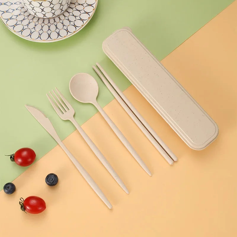 4-piece Portable Utensils, Healthy Eco-Friendly Wheat Straw Cutlery, Reusable Chopstick Fork Knife Spoon Set