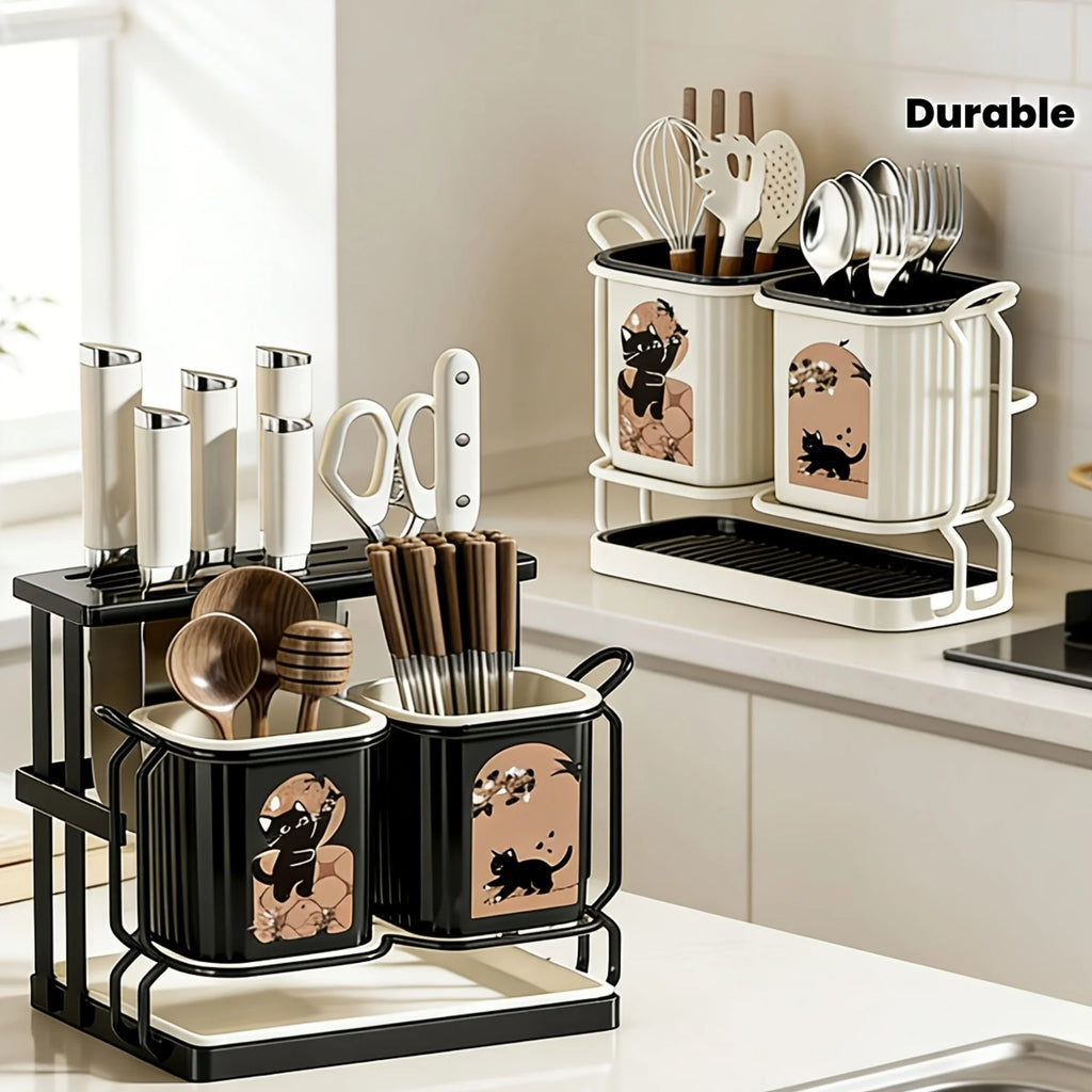 1pc Carbon Steel Kitchen Utensil & Knife Organizer with 2 Utensil Buckets, 2-In-1 Countertop & Wall Mounted Storage Rack