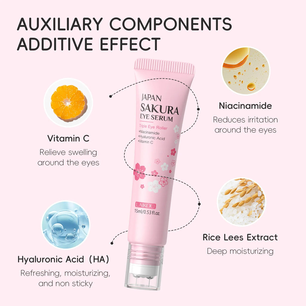 LAIKOU Sakura Eye Serum Roller Massage Hyaluronic Acid Skin Care Eye Bags Cream Moisturizing Dark Circles 15ml