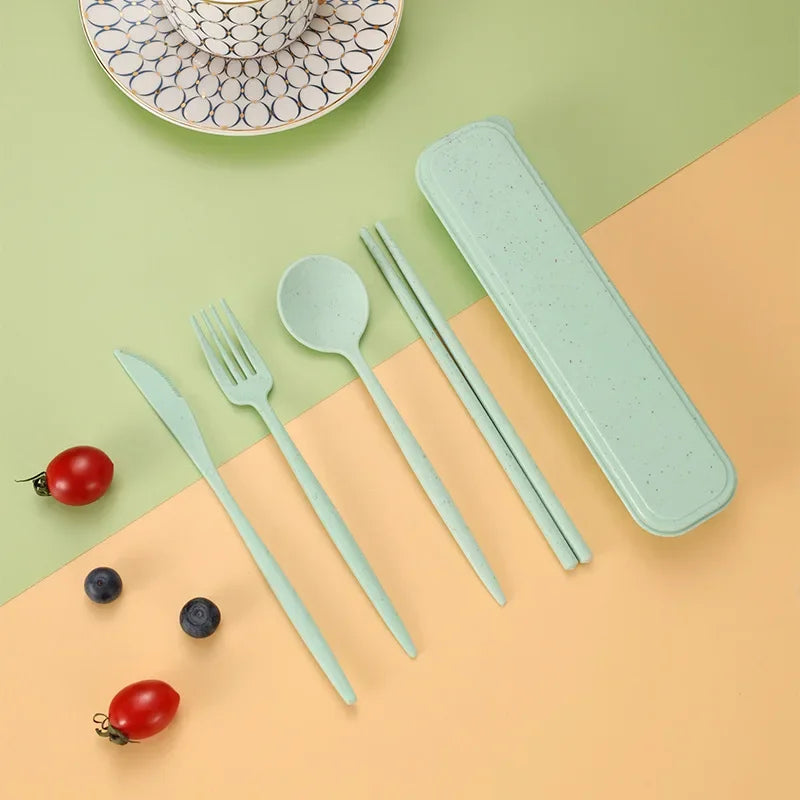 4-piece Portable Utensils, Healthy Eco-Friendly Wheat Straw Cutlery, Reusable Chopstick Fork Knife Spoon Set