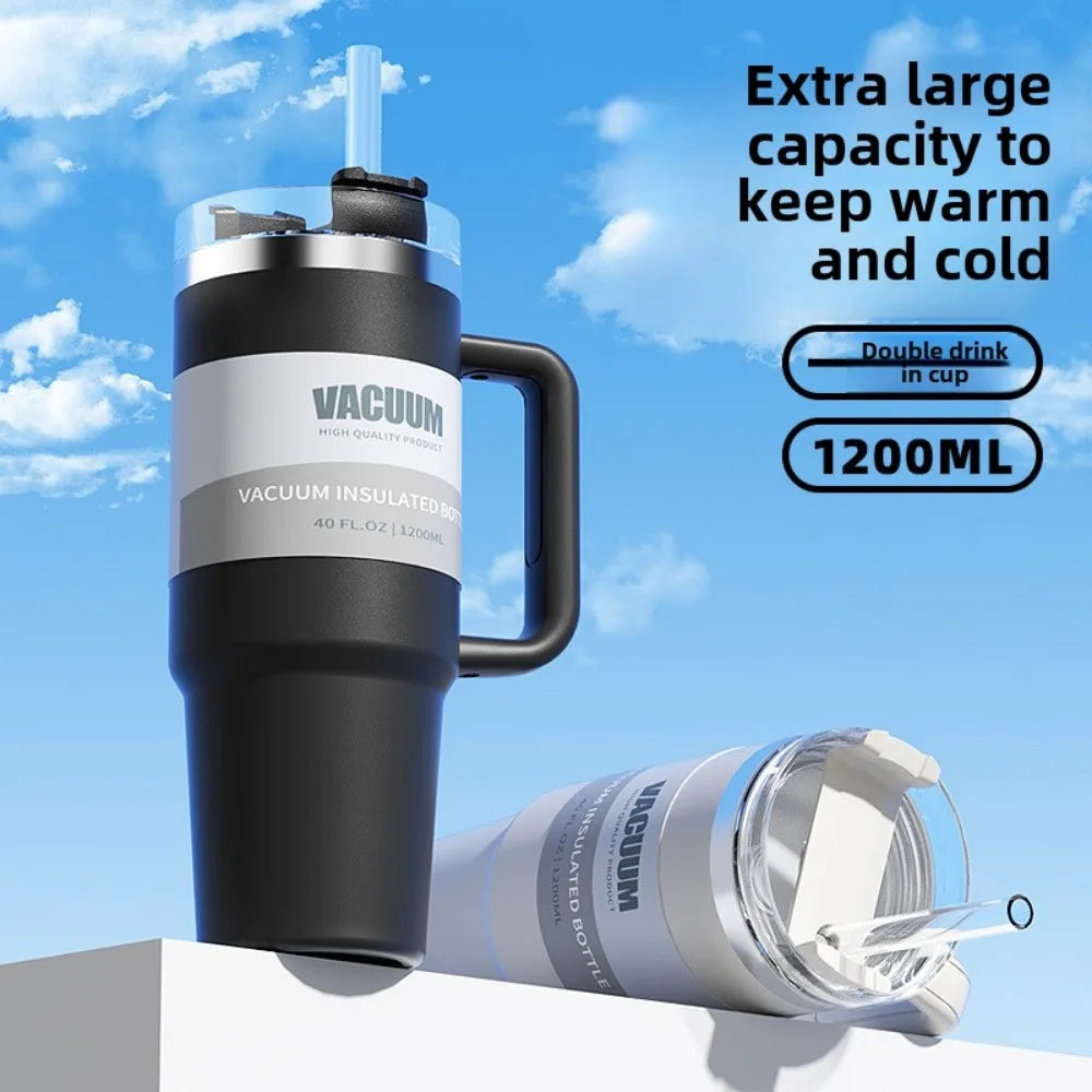 40OzGlassMug with Handle Insulated Stainless Steel Travel Mug Iced Coffee Mug BPA Free Lid and Straw Keep Drinks Cold for Longer