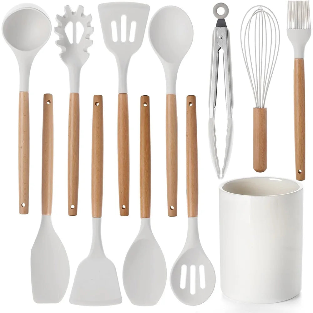 12Pcs Kitchen Utensil Set Heat-Resistant Cookware with Holder Non-Stick Spatula Set Spatula Spoon Brush Whisk Kitchen Supplies