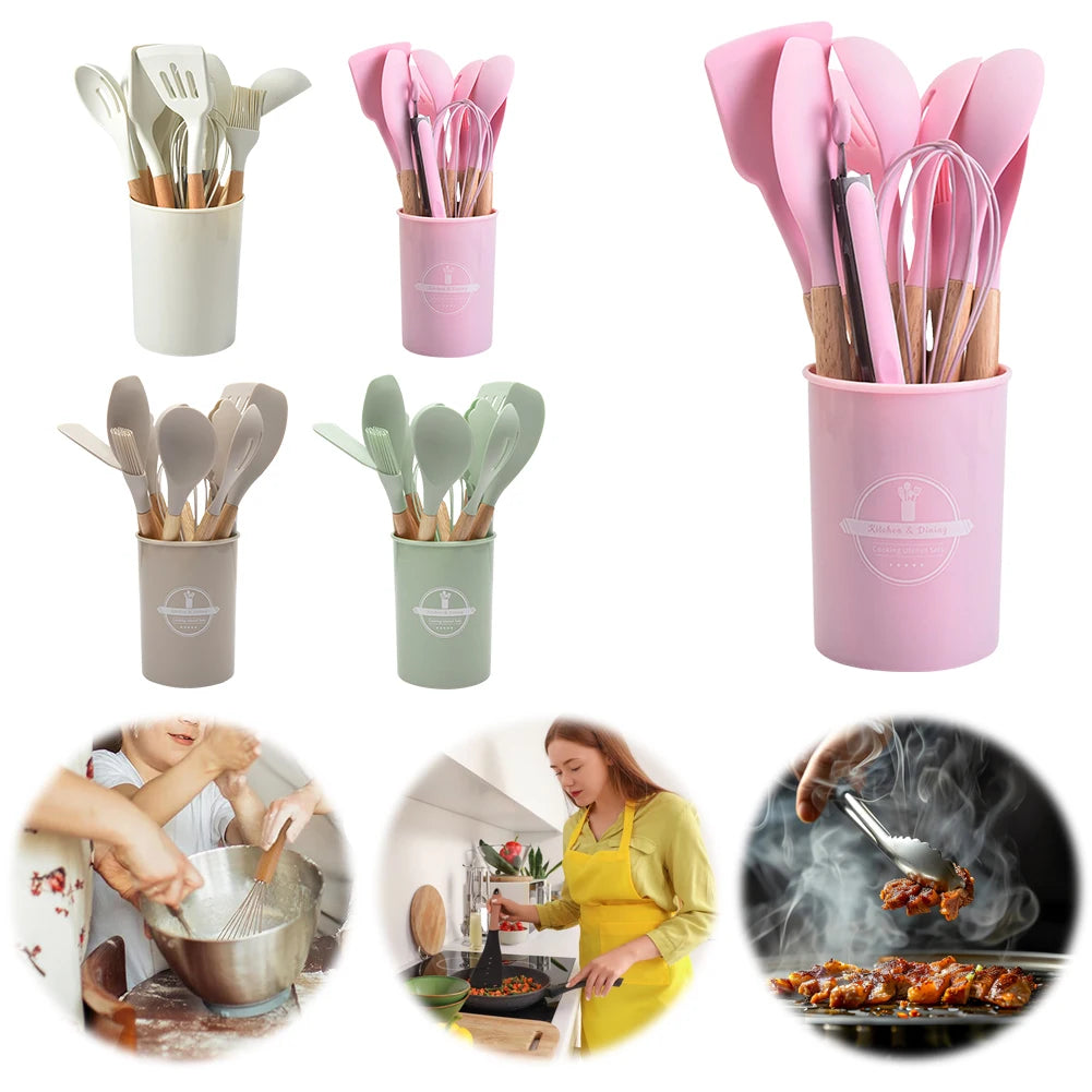 12Pcs Kitchen Utensil Set Heat-Resistant Cookware with Holder Non-Stick Spatula Set Spatula Spoon Brush Whisk Kitchen Supplies