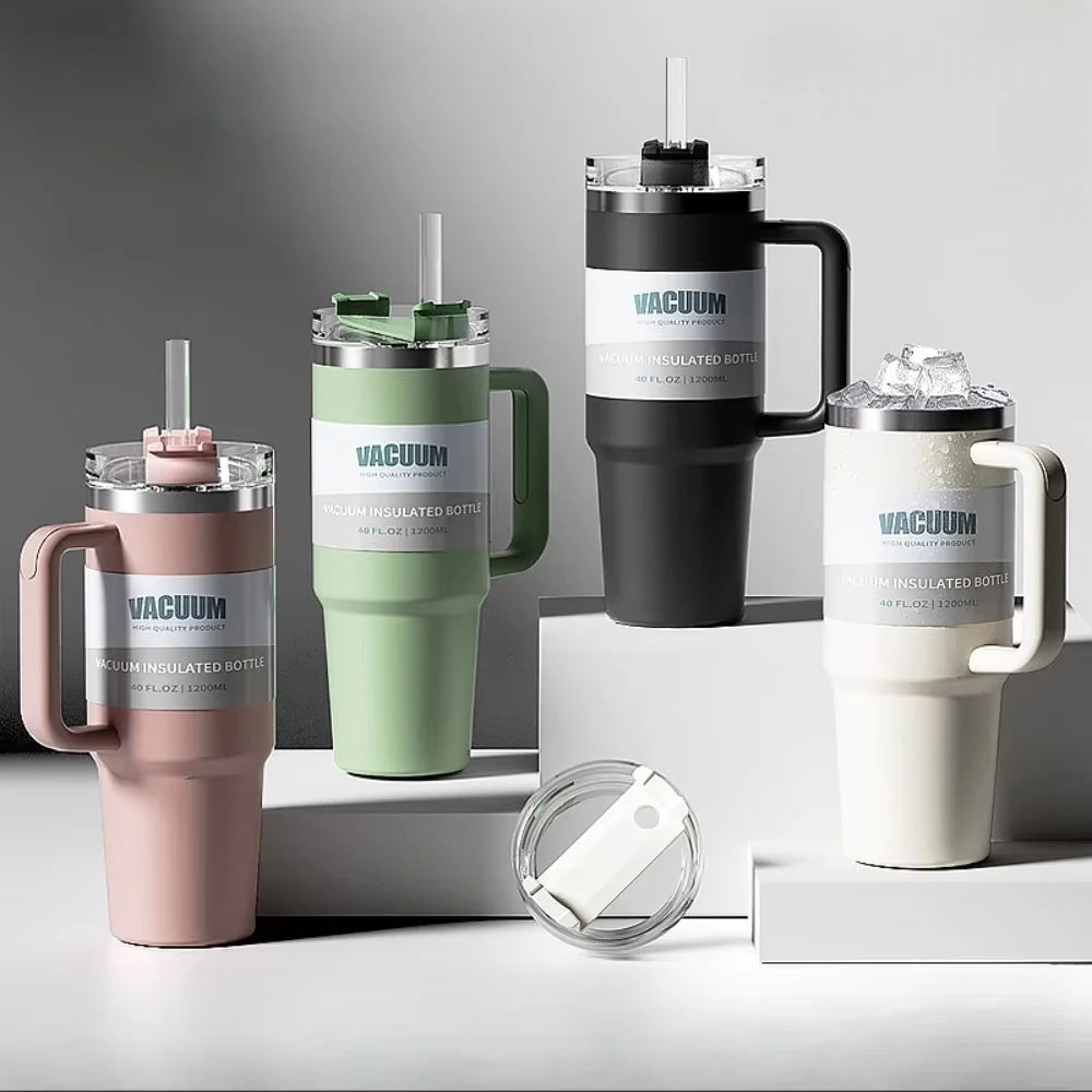 40OzGlassMug with Handle Insulated Stainless Steel Travel Mug Iced Coffee Mug BPA Free Lid and Straw Keep Drinks Cold for Longer