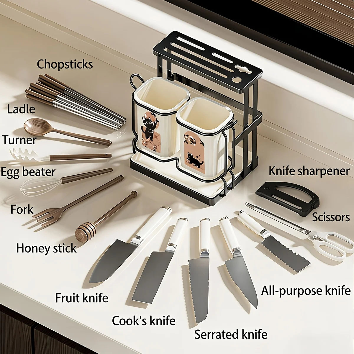 1pc Carbon Steel Kitchen Utensil & Knife Organizer with 2 Utensil Buckets, 2-In-1 Countertop & Wall Mounted Storage Rack