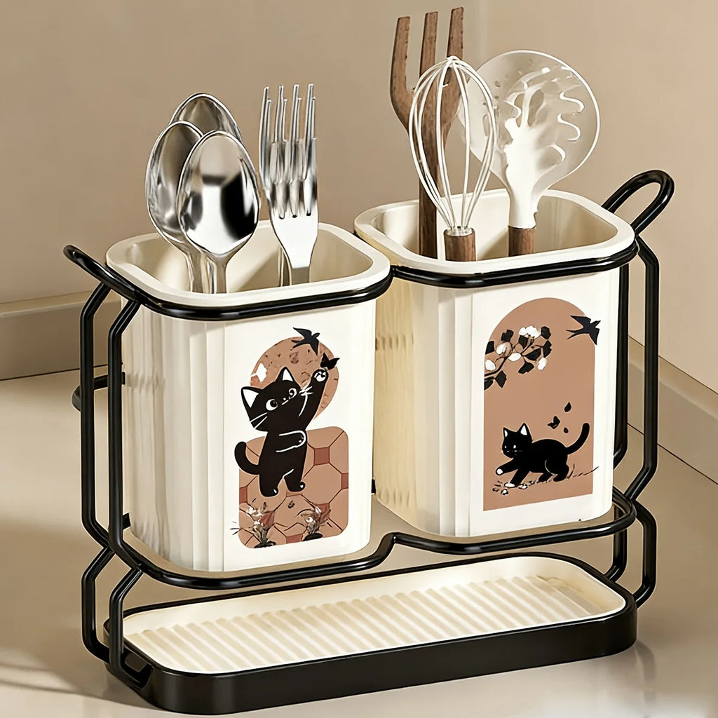 1pc Carbon Steel Kitchen Utensil & Knife Organizer with 2 Utensil Buckets, 2-In-1 Countertop & Wall Mounted Storage Rack