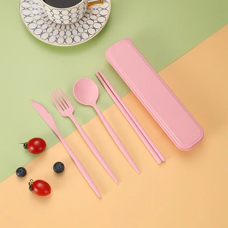 4-piece Portable Utensils, Healthy Eco-Friendly Wheat Straw Cutlery, Reusable Chopstick Fork Knife Spoon Set