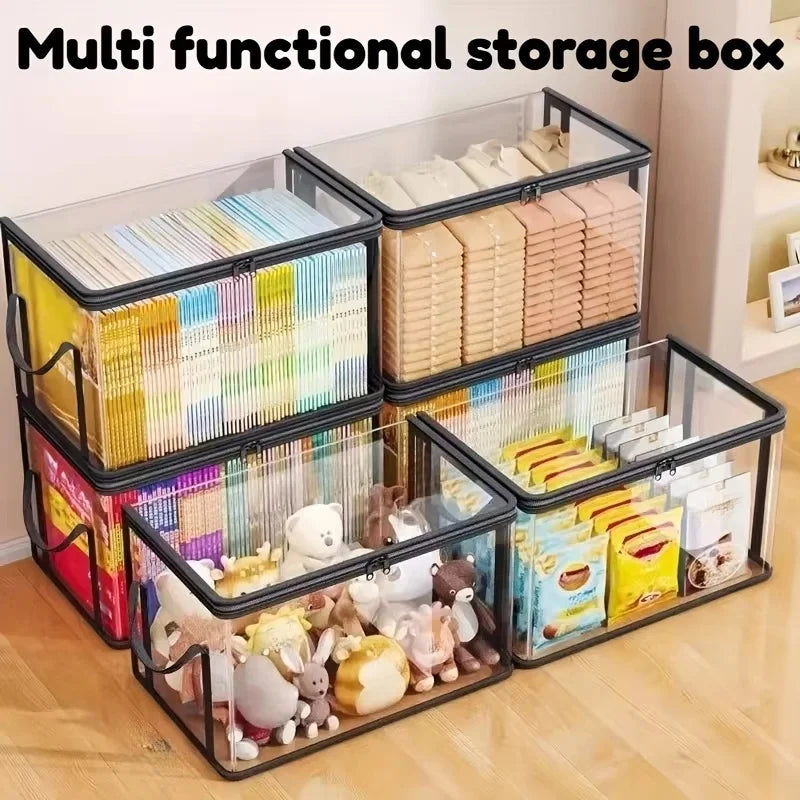 3-Pack Foldable, Space-Saving Large Transparent Storage Boxes with Flip Lids, Large Rectangular Organizing Bins with Front and Lid, Space-Saving Design Suitable for Books, Clothes, Office, Home, Travel, Durable Plastic Contai