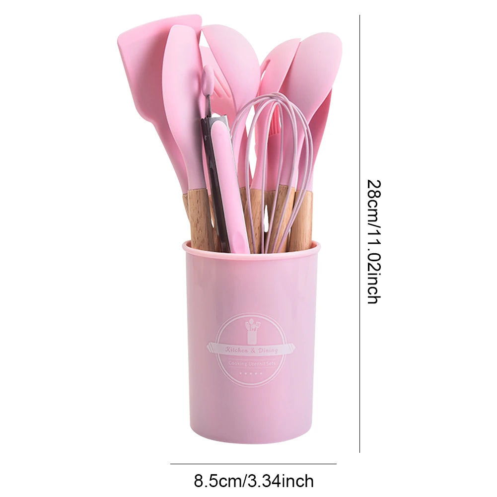 12Pcs Kitchen Utensil Set Heat-Resistant Cookware with Holder Non-Stick Spatula Set Spatula Spoon Brush Whisk Kitchen Supplies