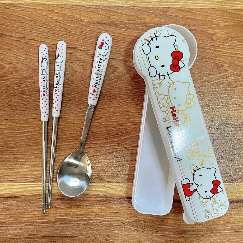 Anime Hello Kitty Kitchen Tableware KT Cat Stainless Steel Chopsticks Spoon Fork Student Office Portable Dinnerware Set Gifts