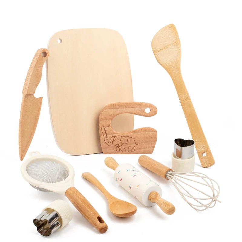 Montessori Kitchen Tools Real Cooking Set Wooden Educational Kid Toys Safe Knives Baking Set Kitchen Accessories For Boys Girls