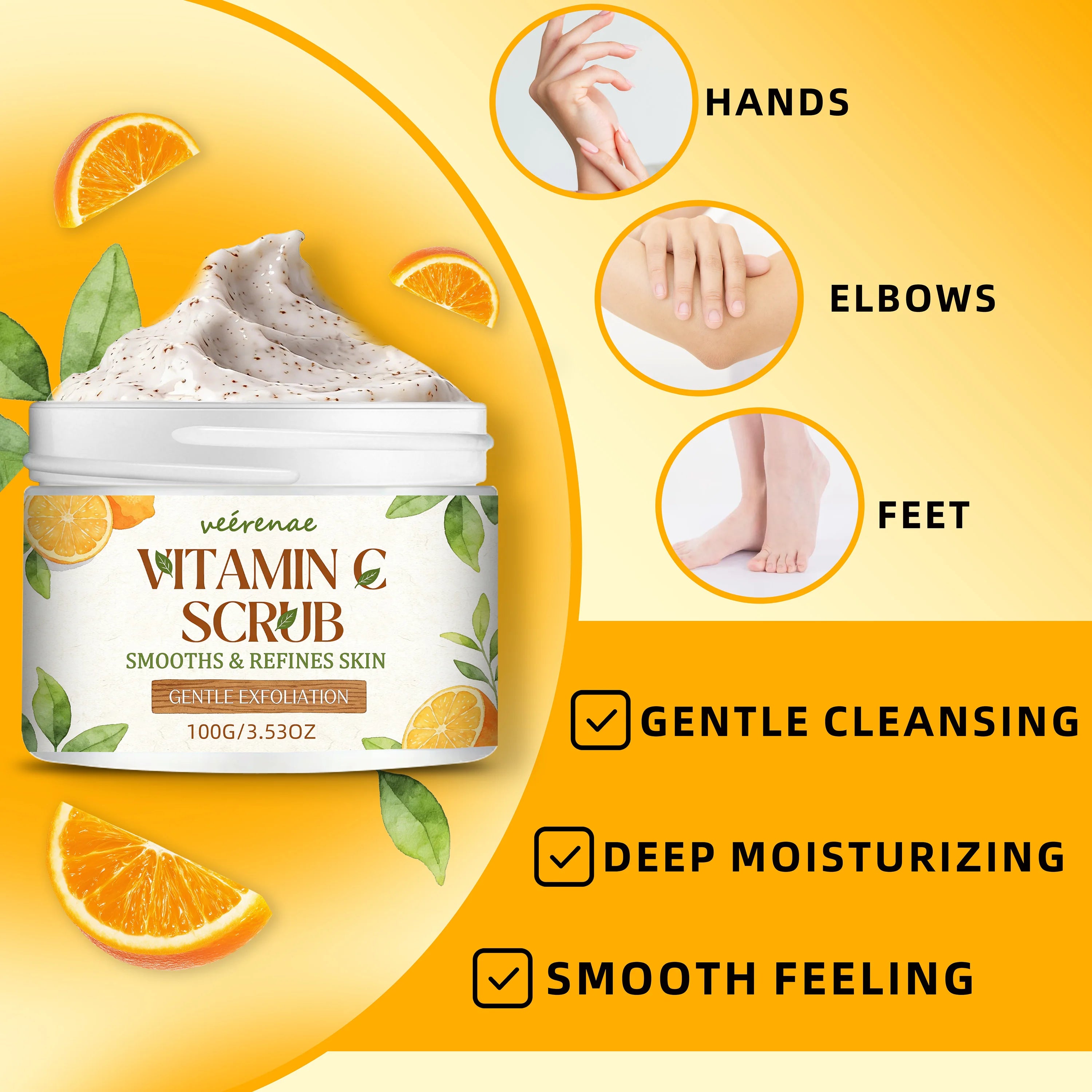 veérenae VITAMIN C SCRUB: Smooths Rough Skin on Hands, Elbows, Knees & Feet- Pre-Workout or Shower Essential, For All Skin Types