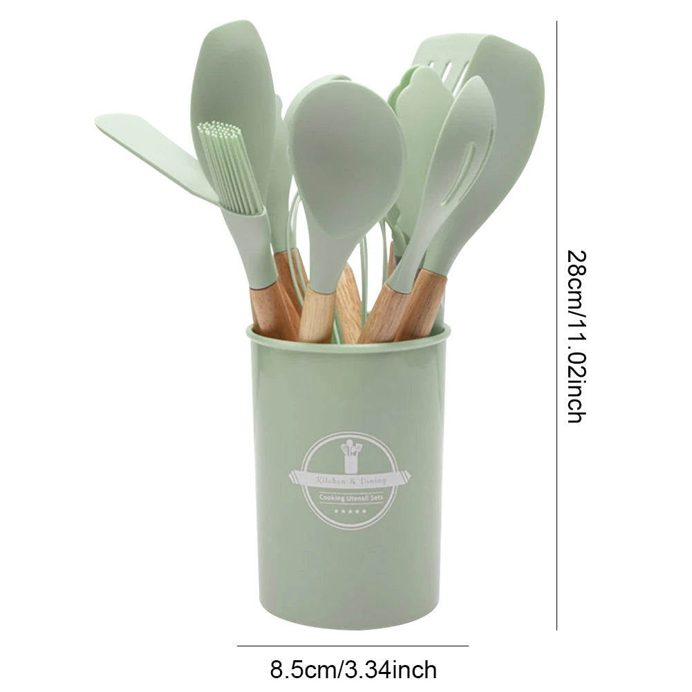12Pcs Kitchen Utensil Set Heat-Resistant Cookware with Holder Non-Stick Spatula Set Spatula Spoon Brush Whisk Kitchen Supplies