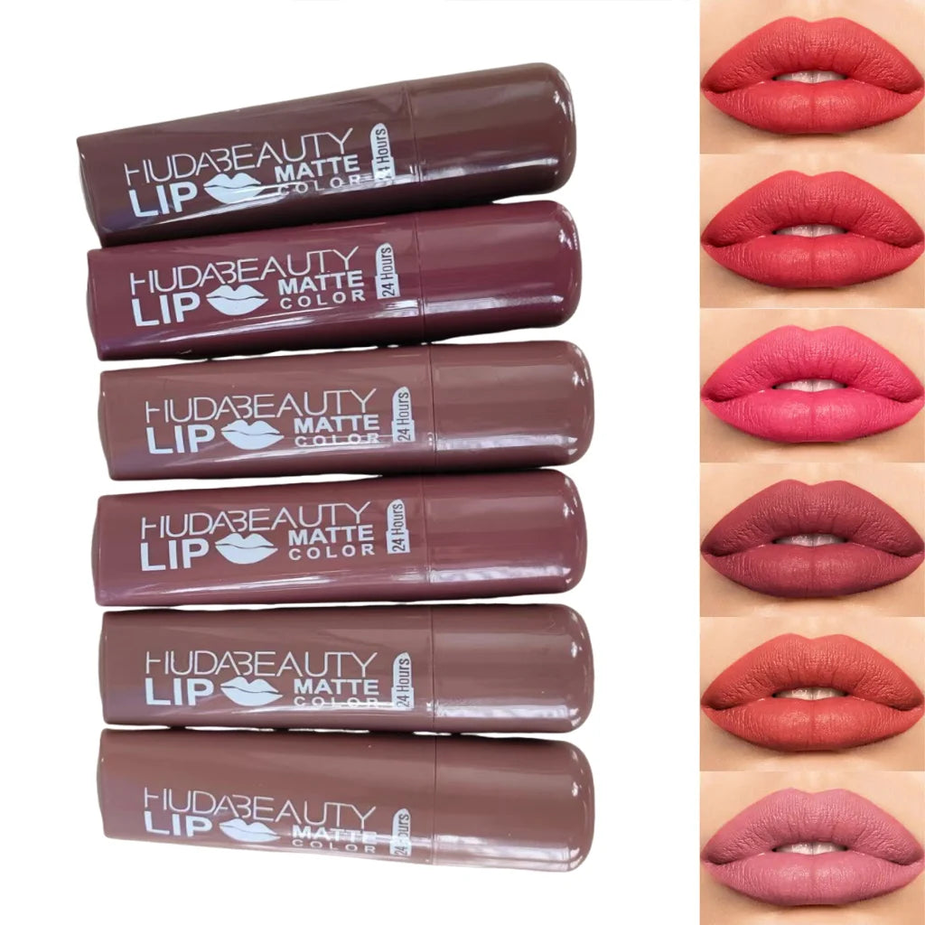 6 colors Lipstick Matte 3.8g Huda Nued Lip Gloss Waterproof Lip Glaze Tint Non-stick Non-Fading Lips Makeup Cosmetic Lip Care