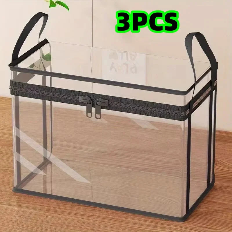 3-Pack Foldable, Space-Saving Large Transparent Storage Boxes with Flip Lids, Large Rectangular Organizing Bins with Front and Lid, Space-Saving Design Suitable for Books, Clothes, Office, Home, Travel, Durable Plastic Contai