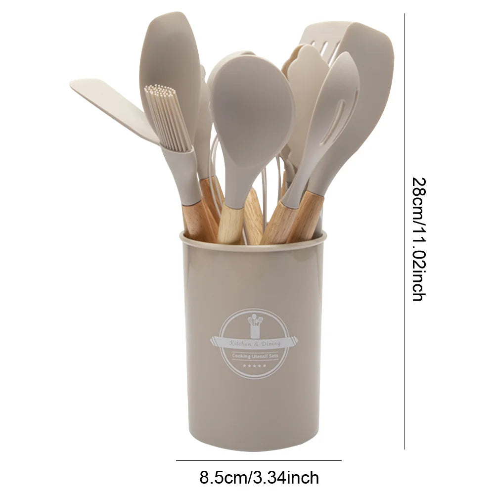 12Pcs Kitchen Utensil Set Heat-Resistant Cookware with Holder Non-Stick Spatula Set Spatula Spoon Brush Whisk Kitchen Supplies
