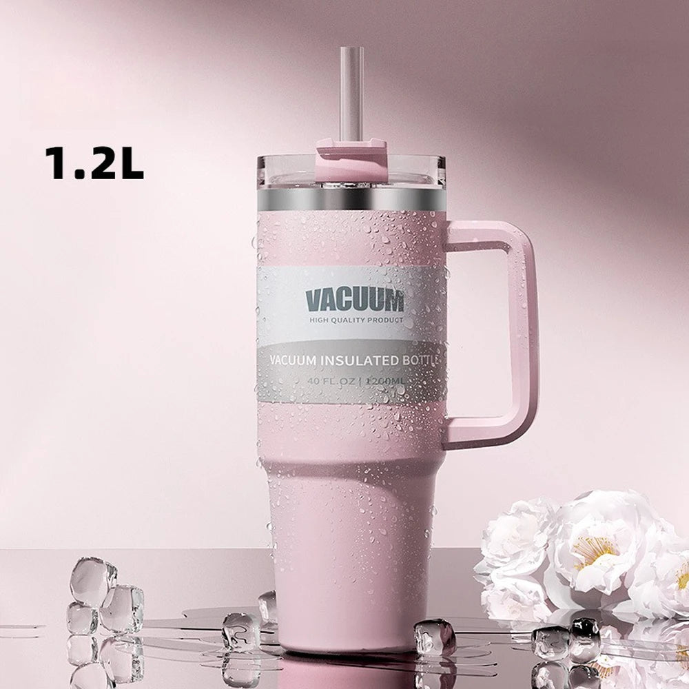 40OzGlassMug with Handle Insulated Stainless Steel Travel Mug Iced Coffee Mug BPA Free Lid and Straw Keep Drinks Cold for Longer