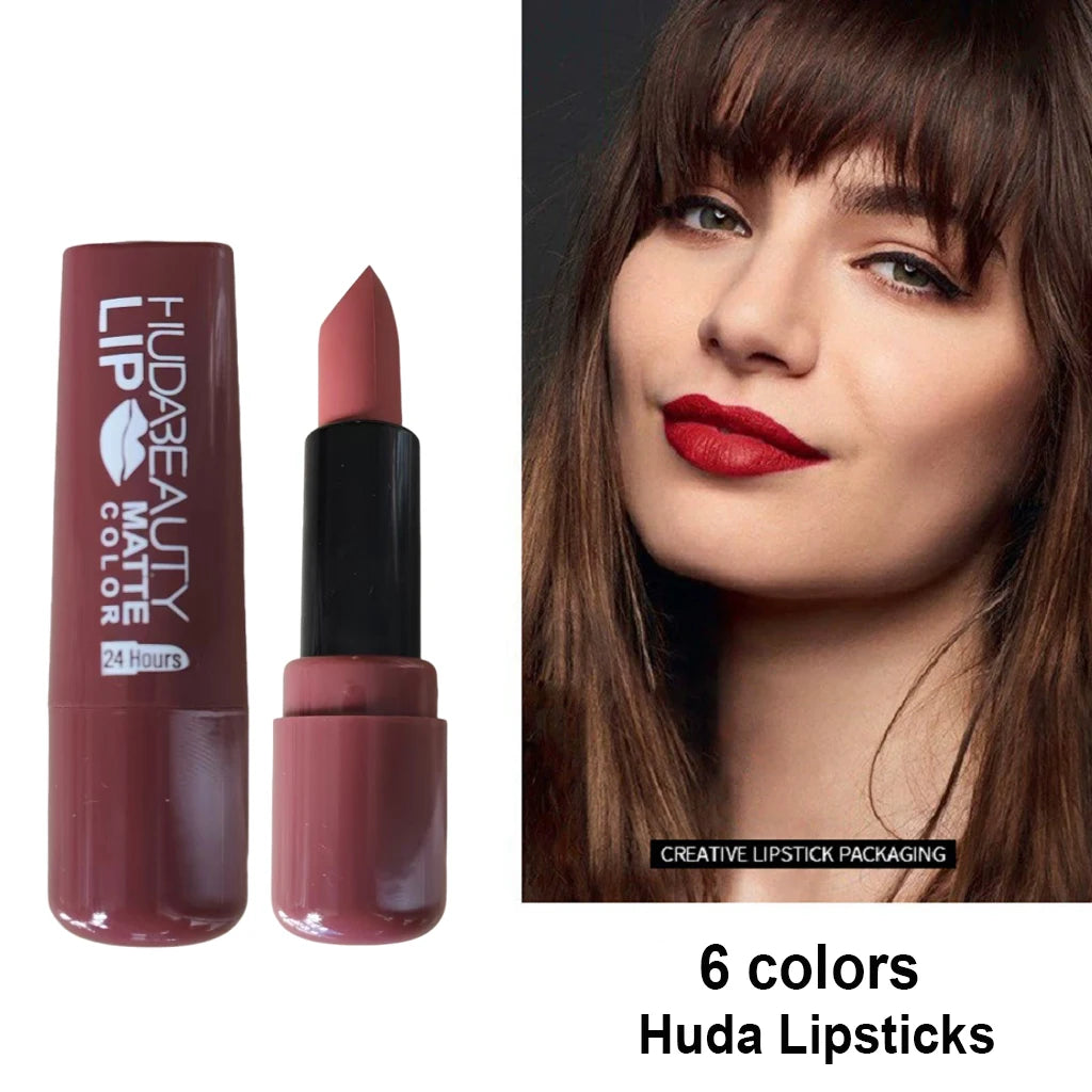 6 colors Lipstick Matte 3.8g Huda Nued Lip Gloss Waterproof Lip Glaze Tint Non-stick Non-Fading Lips Makeup Cosmetic Lip Care
