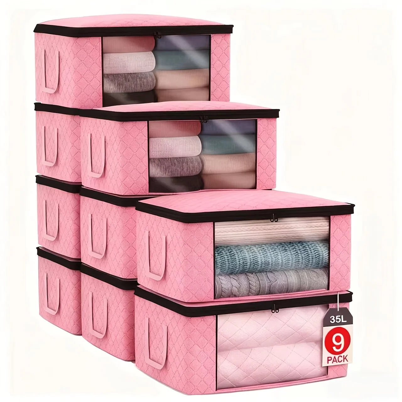 9-pack gray vertical handle foldable clothing storage, with transparent window and handle- non-woven fabric square storage