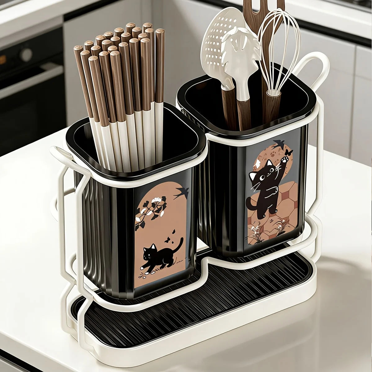 1pc Carbon Steel Kitchen Utensil & Knife Organizer with 2 Utensil Buckets, 2-In-1 Countertop & Wall Mounted Storage Rack
