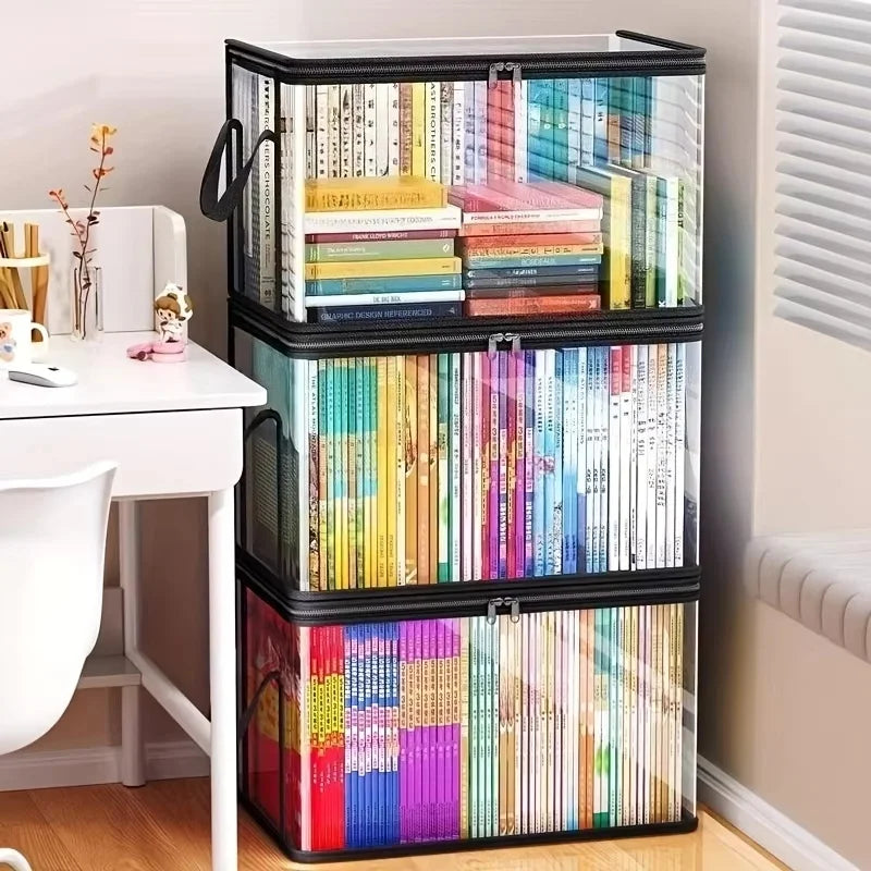 3-Pack Foldable, Space-Saving Large Transparent Storage Boxes with Flip Lids, Large Rectangular Organizing Bins with Front and Lid, Space-Saving Design Suitable for Books, Clothes, Office, Home, Travel, Durable Plastic Contai