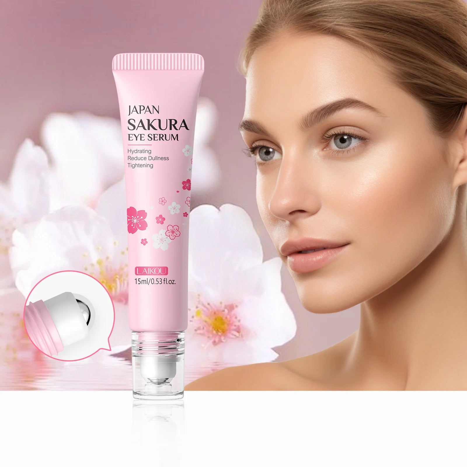 LAIKOU Sakura Eye Serum Roller Massage Hyaluronic Acid Skin Care Eye Bags Cream Moisturizing Dark Circles 15ml