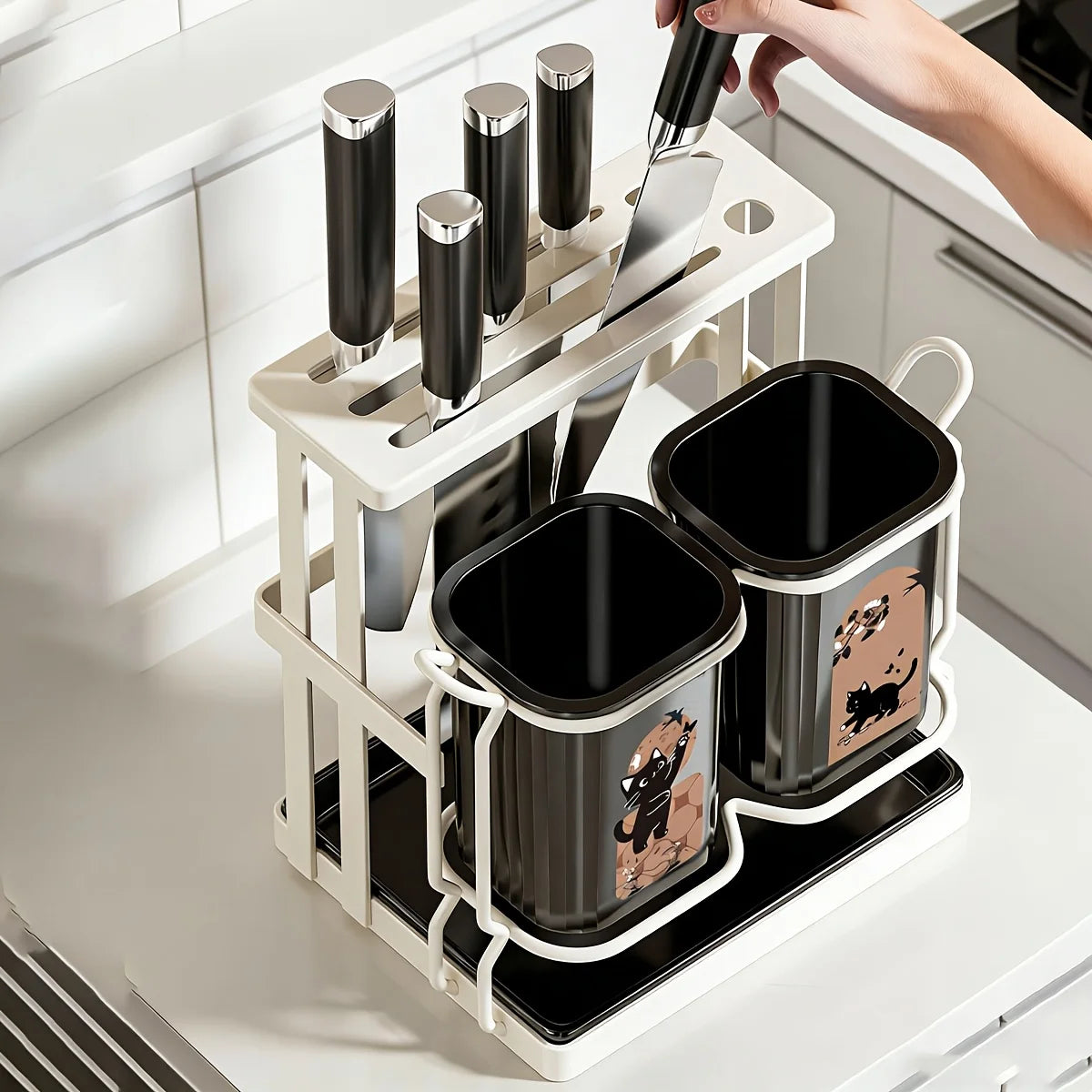 1pc Carbon Steel Kitchen Utensil & Knife Organizer with 2 Utensil Buckets, 2-In-1 Countertop & Wall Mounted Storage Rack