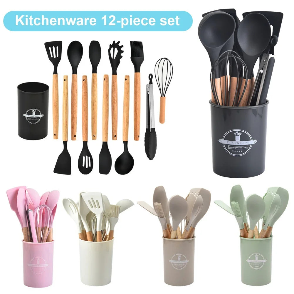 12Pcs Kitchen Utensil Set Heat-Resistant Cookware with Holder Non-Stick Spatula Set Spatula Spoon Brush Whisk Kitchen Supplies