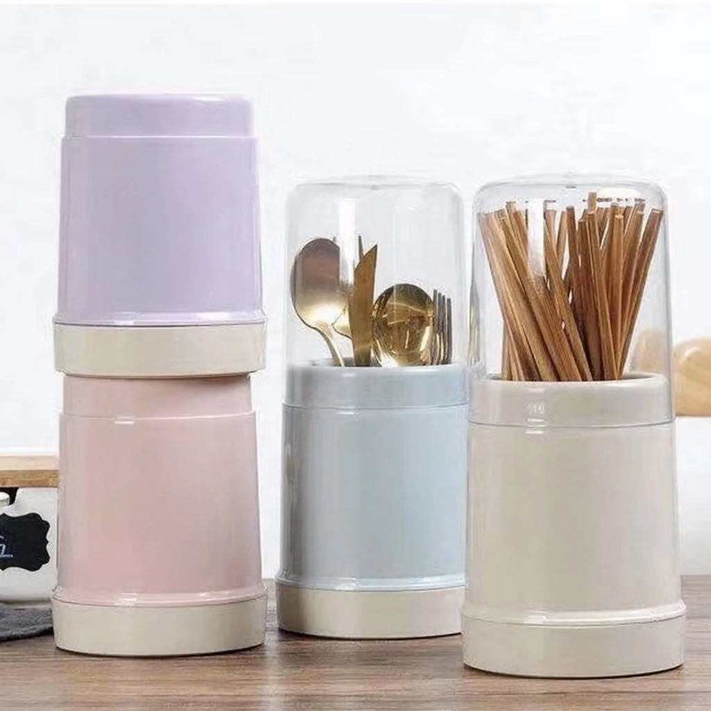 Kitchen Utensil Round Holder with Lid Plastic Cutlery Storage Holder Round Cutlery Drainer for Home Utility Storage Accessories