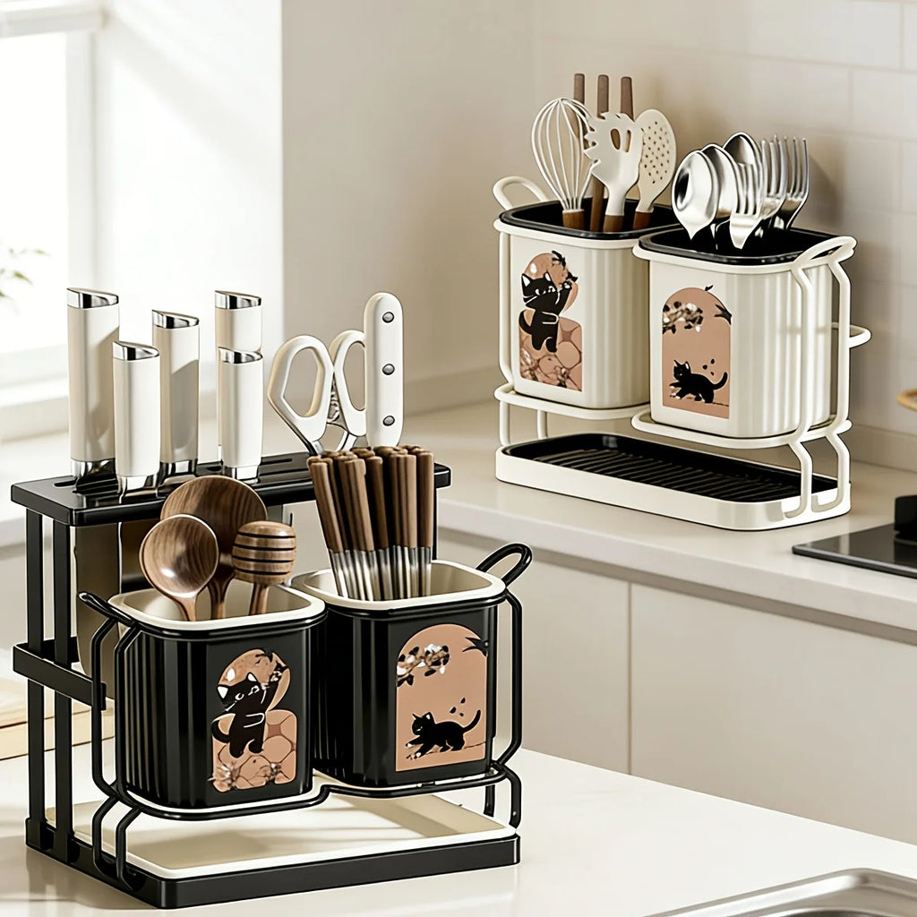 1pc Carbon Steel Kitchen Utensil & Knife Organizer with 2 Utensil Buckets, 2-In-1 Countertop & Wall Mounted Storage Rack