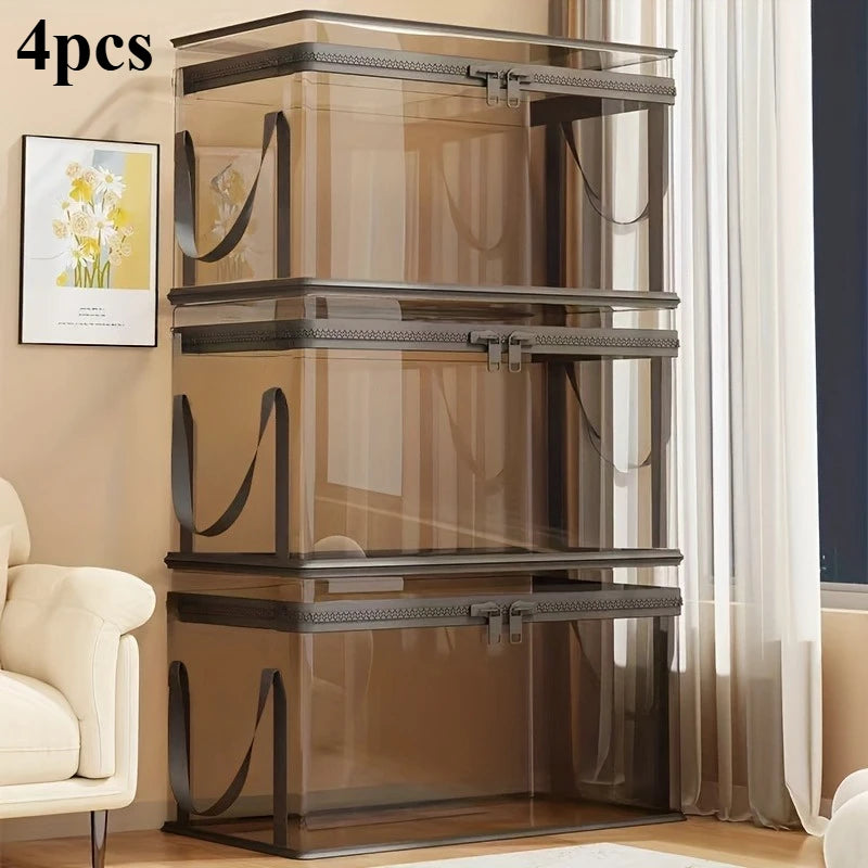 2-Pack Large Transparent Storage Boxes, Foldable and Space-Saving with Flip Lids, Large Rectangular Organizer Boxes with Front Lids and Covers, Space-Saving Design Suitable for Books, Clothes, Office, Home, Travel, Durable Pl